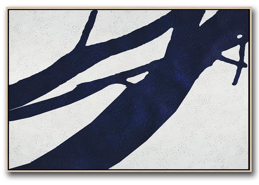 Acrylic Painting On Canvas,Horizontal Abstract Painting Navy Blue Minimalist Painting On Canvas,Large Wall Art Canvas